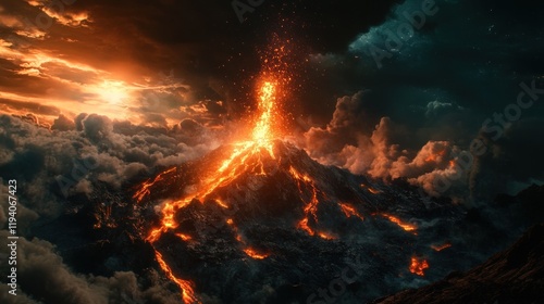 Wallpaper Mural Erupting volcano at sunset, fiery lava flows, dramatic cloudscape, disaster movie scene Torontodigital.ca