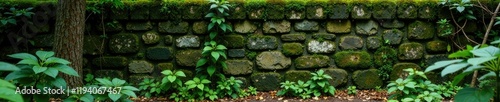 Moss-covered stone wall in overgrown landscape, natural, branches, moss