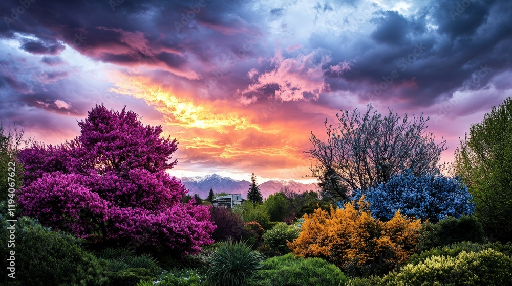 Fototapeta premium Vibrant sunset over flourishing gardens nature scene colorful sky lush vegetation serene environment visual harmony
