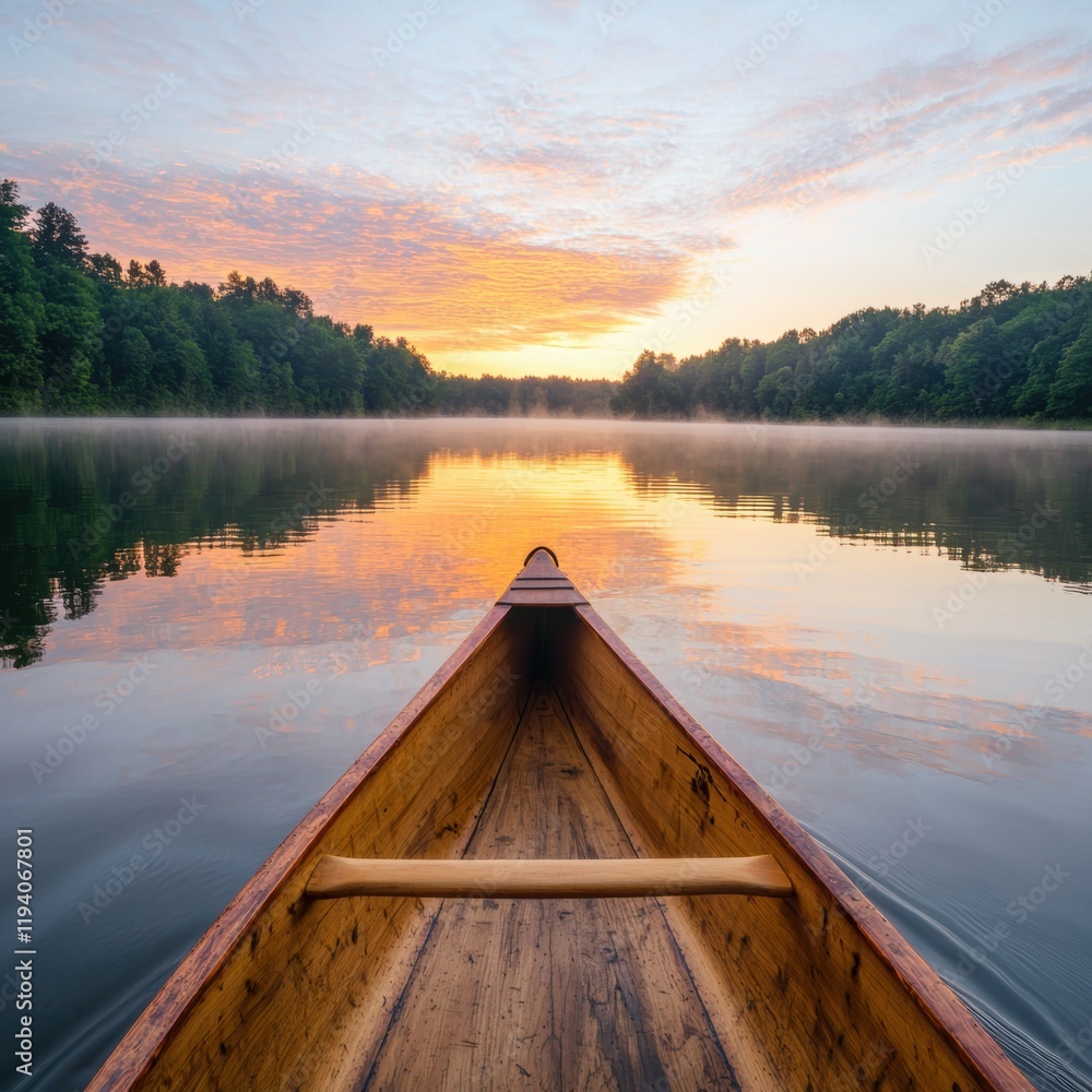 Serene Morning Reflections on a Calm Lake with Canoe at Sunrise Serene Morning Reflections on a Calm Lake with Canoe at Sunrise