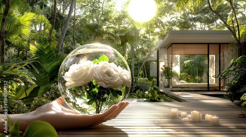 Hand Holding Glass Sphere with Roses in Lush Green Oasis with Sunlight and Modern Home