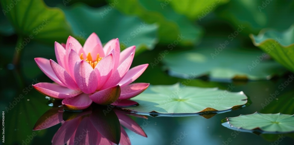 Pink lotus blooms on green leaves in a shallow pool of still water, watery, blooms, leaves Pink lotus blooms on green leaves in a shallow pool of still water, watery, blooms, leaves
