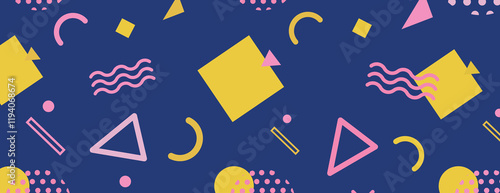 Retro geometric background with a navy blue background, featuring pink and yellow shapes. The navy blue adds a bold, vibrant texture. Fun memphis pattern background. Blue background vector.