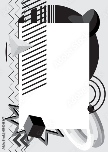 Black and white geometrical graphic retro theme background with place for text. Minimal geometric elements frame. Vintage abstract shapes for advertising.