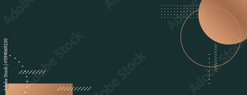 Dark green background with geometric patterns. Background features gold circles and dots, creating a modern, elegant style with green and gold tones. Aesthetic background vector. Dark background.