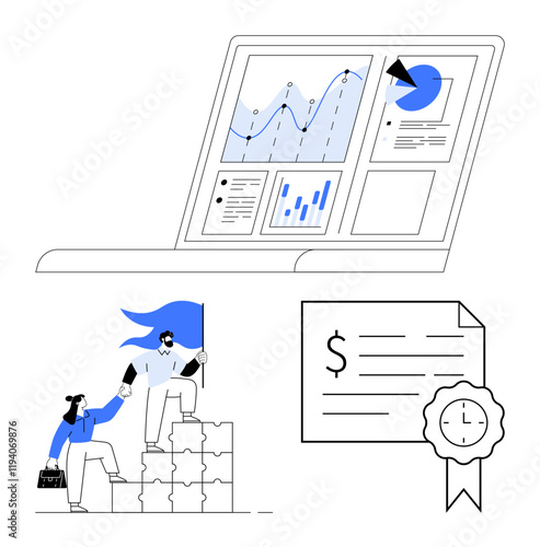 Laptop screen displaying data charts above business people climbing stairs of blocks holding flag. Certificate with seal. Ideal for business growth, teamwork, success, leadership, productivity