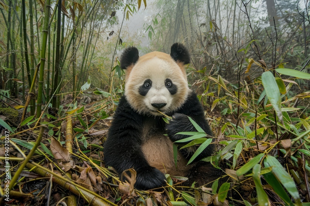 Naklejka premium Giant panda (Ailuropoda melanoleuca) eating bamboo.