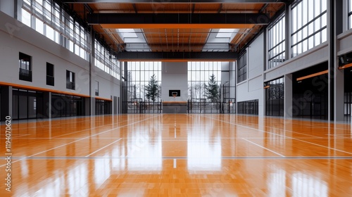 Modern Indoor Basketball Court with Bright Light and Polished Hardwood Floor