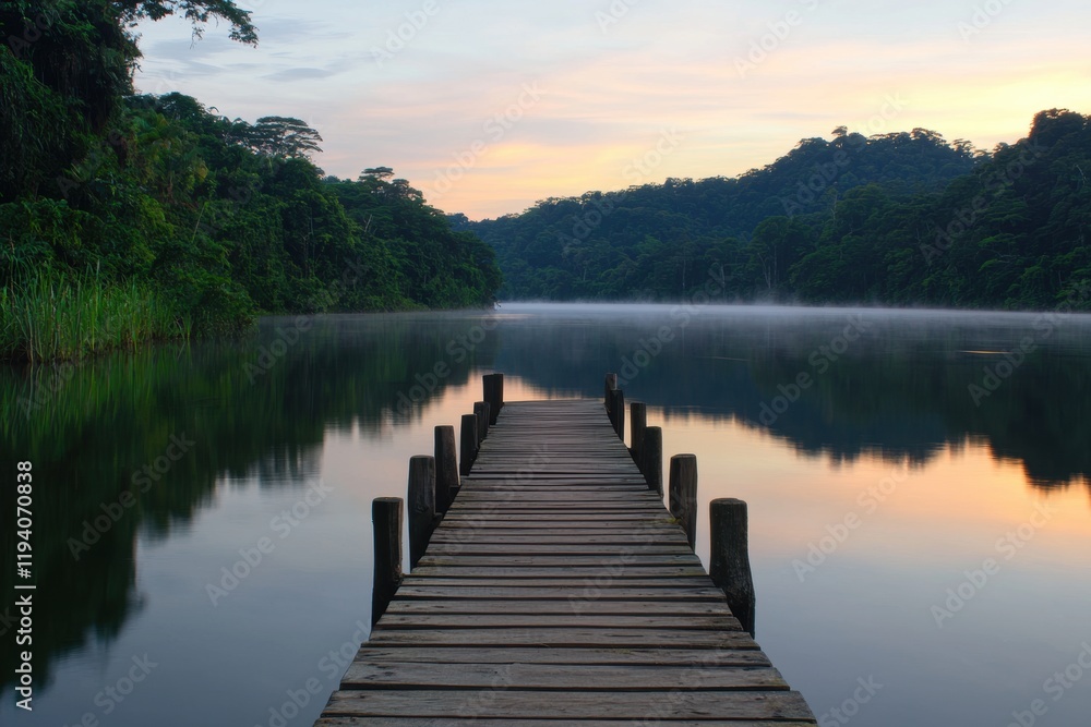 Fototapeta premium Serene Wooden Pier at Dawn Over Calm Lake Surrounded by Forest