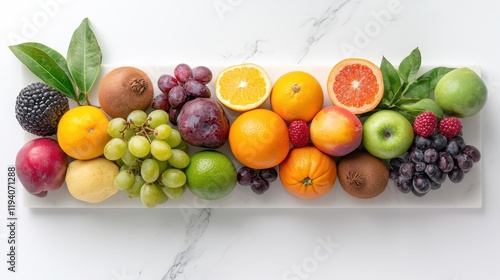 Vibrant Assortment of Fresh Seasonal Fruits on a White Marble Surface Display