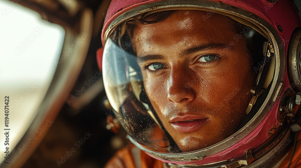 Astronaut in a space helmet, focused expression. Astronaut in a space helmet, focused expression.