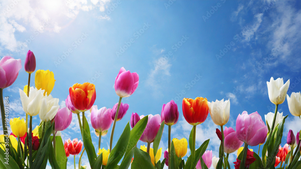 Colorful tulips with blue sky and sun in the background.