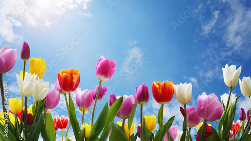 Obraz na płótnie Colorful tulips with blue sky and sun in the background. w salonie