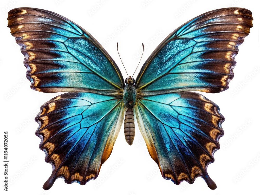 Fototapeta premium Ulysses Butterfly Wings, Urban Exploration Photography, Macro, Closeup, Isolated, White Background