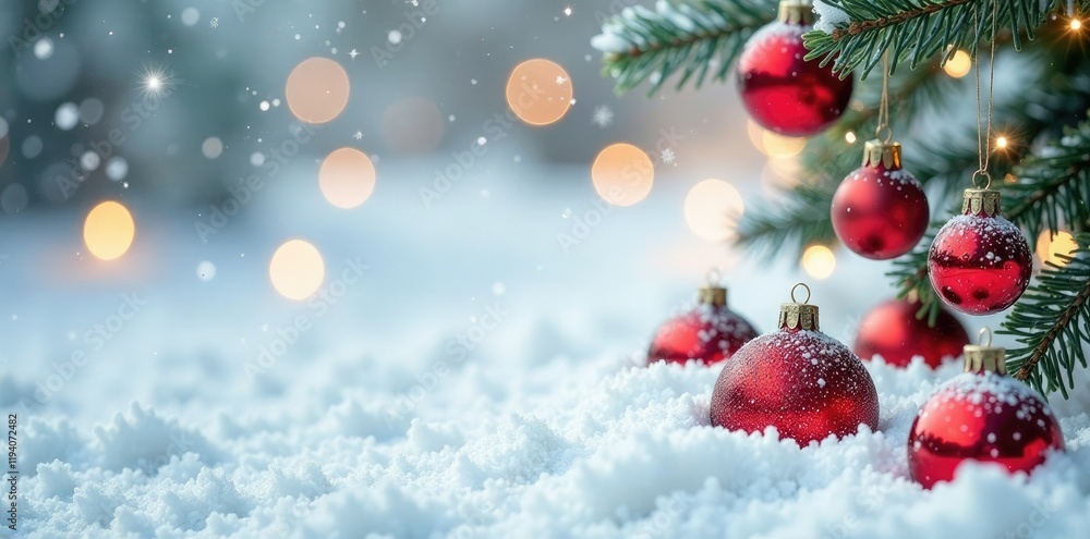 Snowy white surface with scattered Christmas ornaments, holiday, snowy Snowy white surface with scattered Christmas ornaments, holiday, snowy