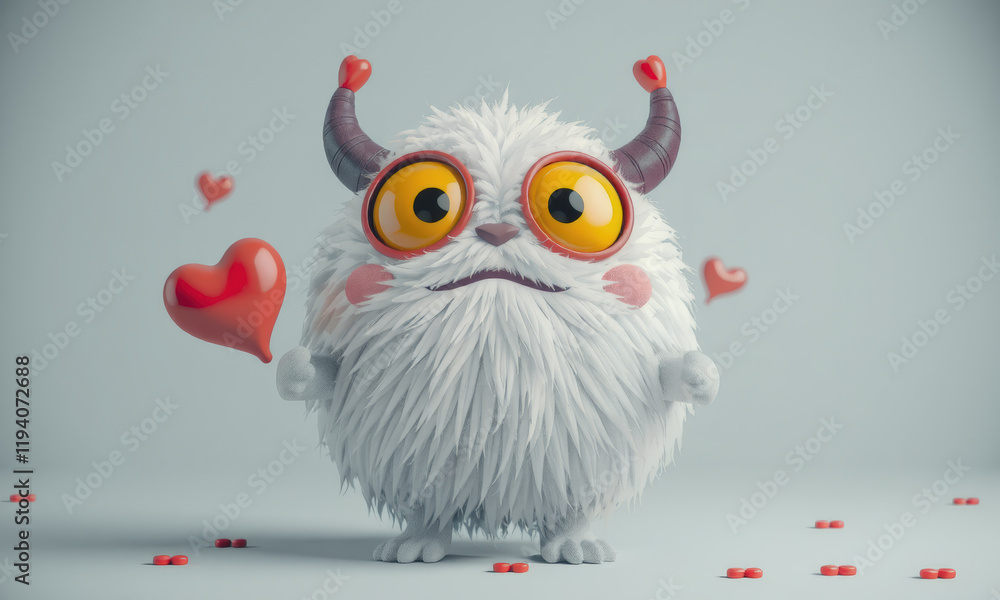 Naklejka premium Cute monster character holding heart, surrounded by hearts, expressing love and joy. Perfect for Valentine Day themes and playful designs