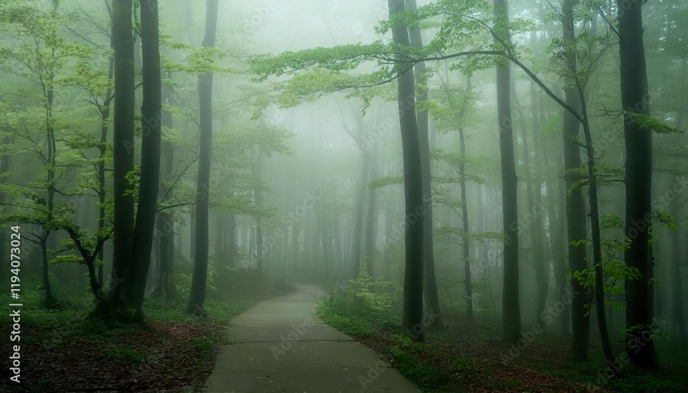 Fototapeta premium Foggy forest path surrounded by tall trees and greenery