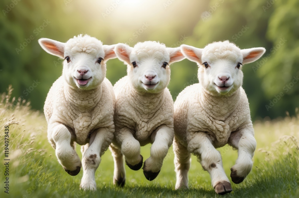 Three adorable lambs playfully running in a lush green field. Three adorable lambs playfully running in a lush green field.