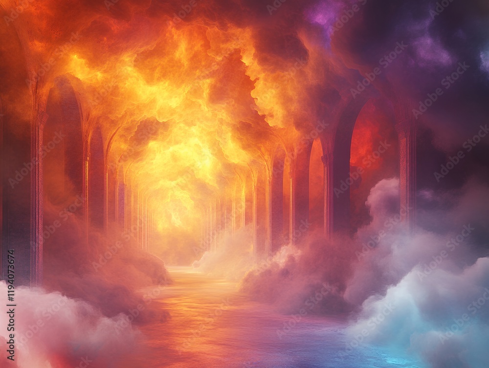 A surreal image of a fiery archway in a dreamlike cloudscape. A pathway leads towards a bright light, creating a mystical and enchanting atmosphere. A surreal image of a fiery archway in a dreamlike cloudscape. A pathway leads towards a bright light, creating a mystical and enchanting atmosphere.