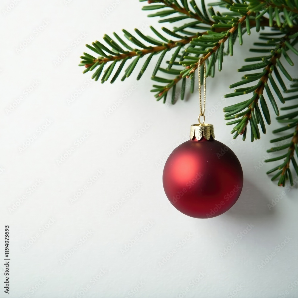 Sparkling white background features a lone crimson Christmas ornament hanging from a pine branch, decoration, winter Sparkling white background features a lone crimson Christmas ornament hanging from a pine branch, decoration, winter