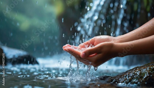 Fototapeta Naklejka Na Ścianę i Meble -  Hands catching fresh waterfall drops in a natural setting