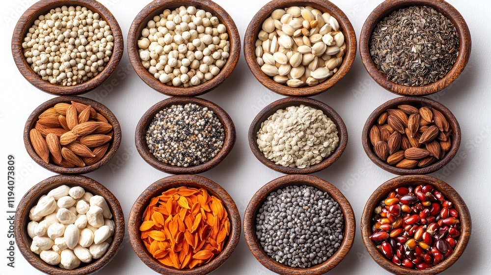 Various seeds, nuts, petals in bowls, flat lay. Various seeds, nuts, petals in bowls, flat lay.