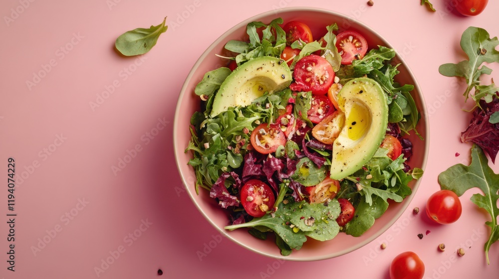 Fresh Avocado and Tomato Salad in a White Bowl on a Pink Background Perfect for Healthy Meals Fresh Avocado and Tomato Salad in a White Bowl on a Pink Background Perfect for Healthy Meals