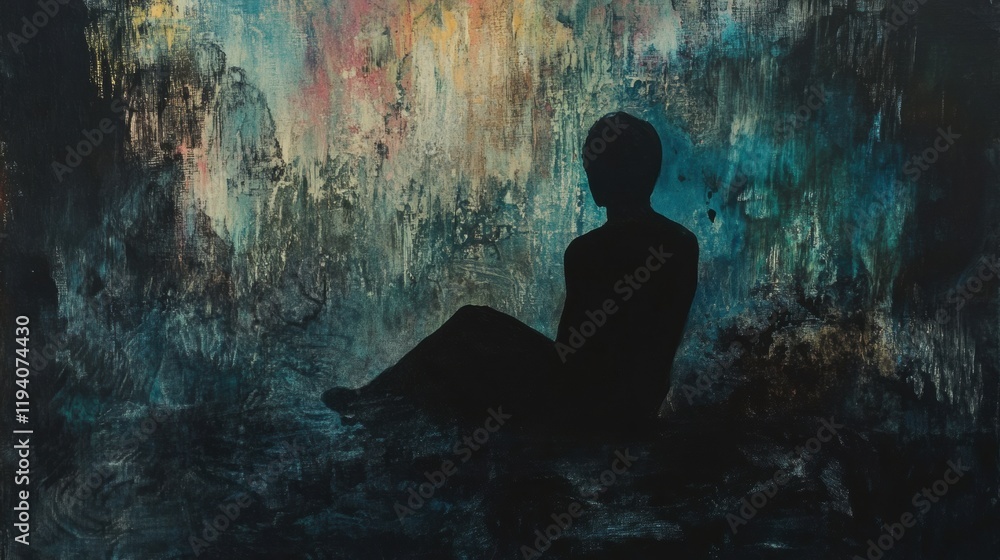 Person sitting in shadow surrounded by abstract elements reflecting inner turmoil at dusk. Generative AI Person sitting in shadow surrounded by abstract elements reflecting inner turmoil at dusk. Generative AI