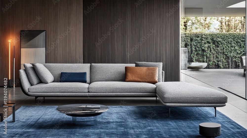 A compact living room with a gray sofa, a blue area rug, and sleek, minimalistic decor. A compact living room with a gray sofa, a blue area rug, and sleek, minimalistic decor.