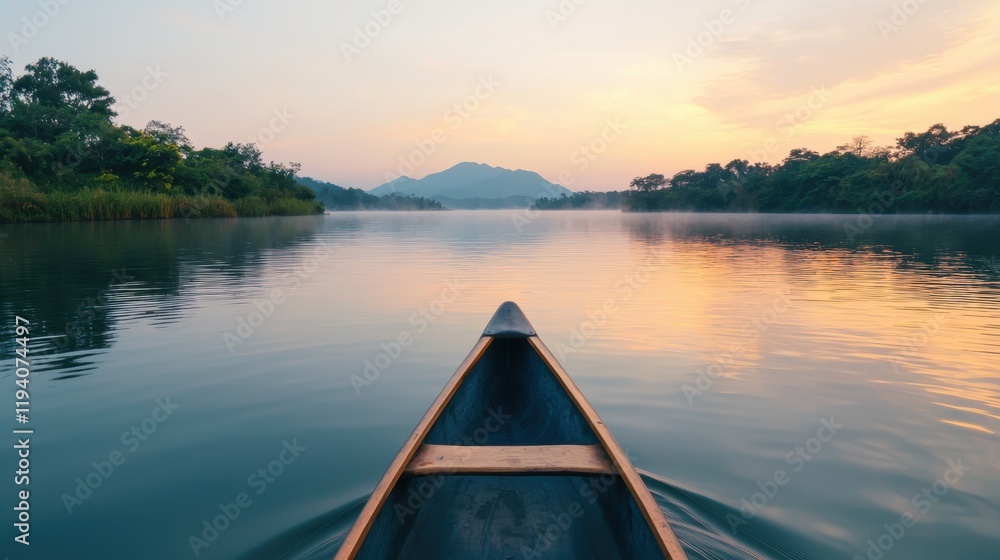 Serene Sunrise Reflection Over Calm Water from Boat Perspective Serene Sunrise Reflection Over Calm Water from Boat Perspective
