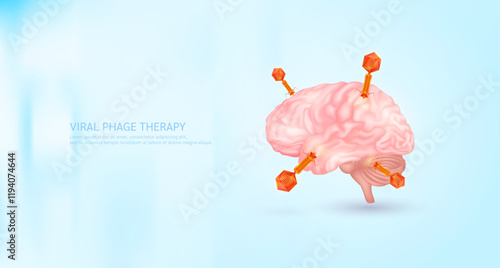 Model red bacteriophage on brain. Phage therapy or phagotherapy. Virus affects destroys harmful bacterial cell human internal. Medical science research and analysis. Banner vector EPS10.