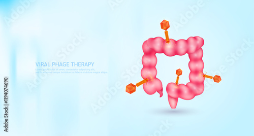 Model red bacteriophage on intestine. Phage therapy or phagotherapy. Virus affects destroys harmful bacterial cell human internal. Medical science research and analysis. Banner vector EPS10.