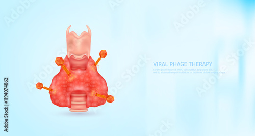 Model red bacteriophage on thyroid gland. Phage therapy or phagotherapy. Virus affects destroys harmful bacterial cell human internal. Medical science research and analysis. Banner vector EPS10.
