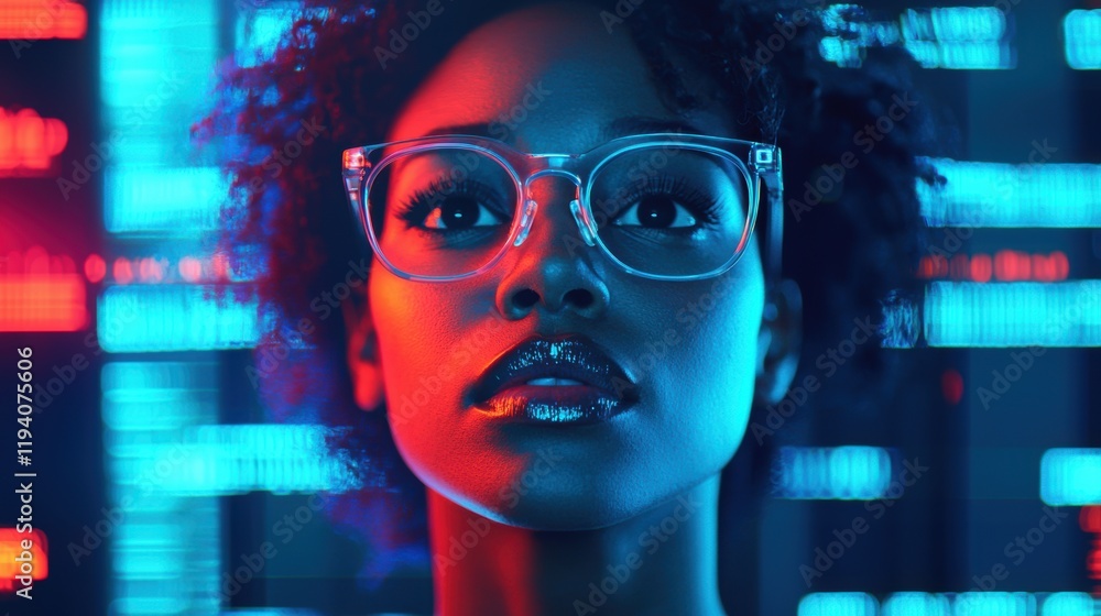 Futuristic portrait of woman with glasses and glowing neon lights Futuristic portrait of woman with glasses and glowing neon lights