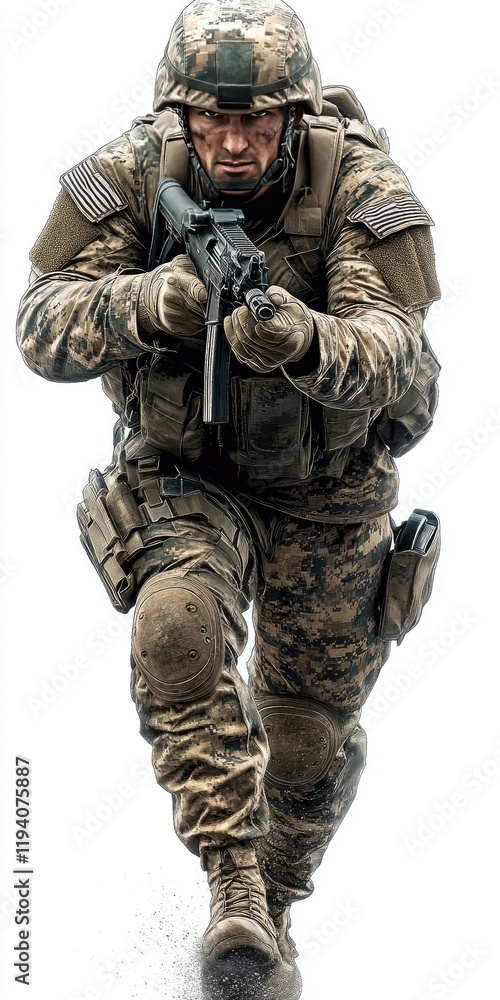 Fototapeta premium A Close-Up of a Determined Soldier in Combat Gear, Kneeling and Ready for Action