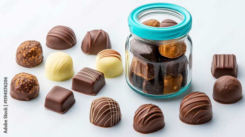 Assorted gourmet chocolates arranged around a glass jar filled with more chocolates on a white background Assorted gourmet chocolates arranged around a glass jar filled with more chocolates on a white background