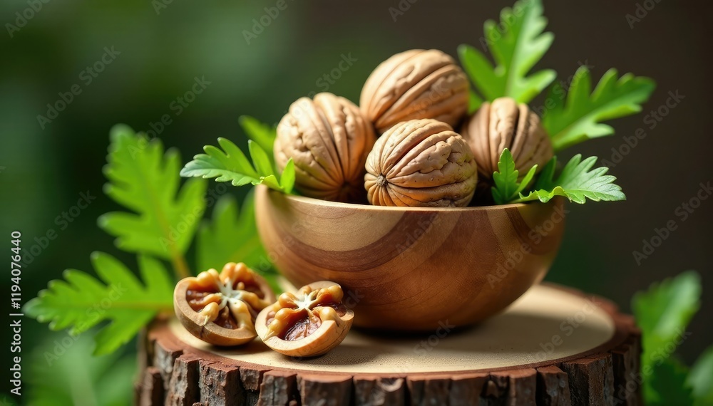 Walnut halves in a wooden vase on a stump with green leaves and ferns, beige, nature Walnut halves in a wooden vase on a stump with green leaves and ferns, beige, nature