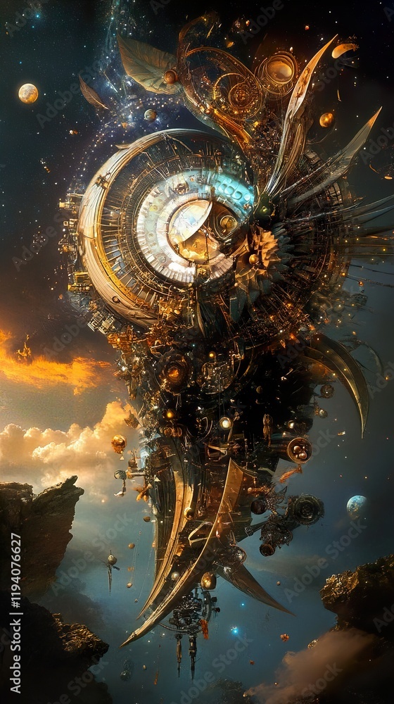 Fototapeta premium Cosmic Clockwork: A Steampunk Spacecraft Journey