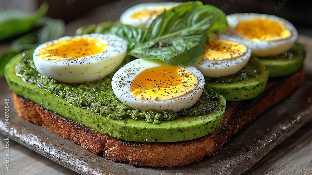 Avocado toast with boiled eggs and pesto on a rustic plate, perfect for culinary blogs Avocado toast with boiled eggs and pesto on a rustic plate, perfect for culinary blogs