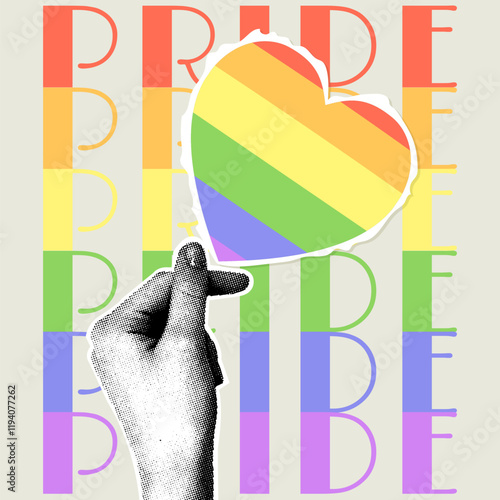 Trendy halftone collage. Vertical collage on pride month theme in retro style. Hand with halftone effect holding a heart cut out of paper in scrapbooking style. Fancy retro collage.