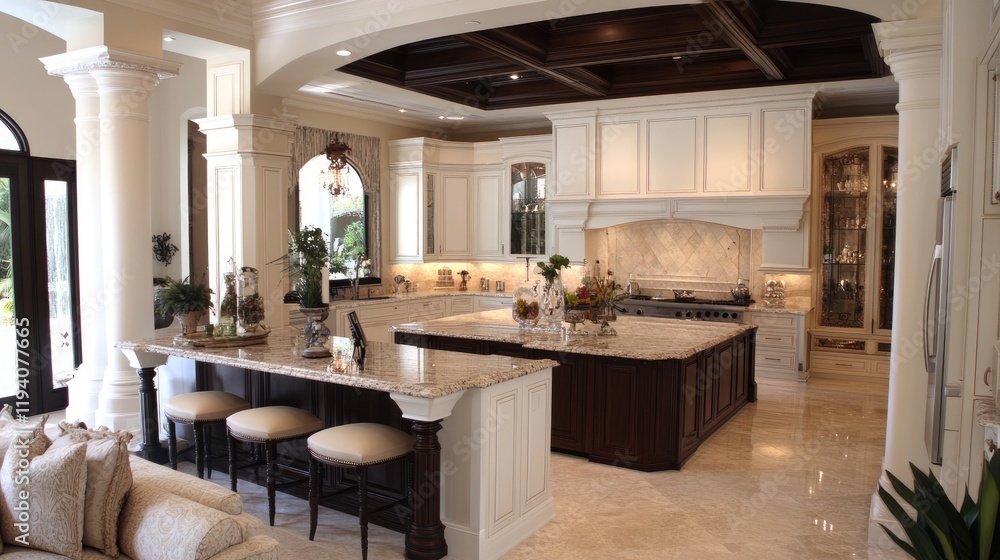 A large kitchen island in a living room setting, surrounded by elegant bar stools and a sofa. A large kitchen island in a living room setting, surrounded by elegant bar stools and a sofa.