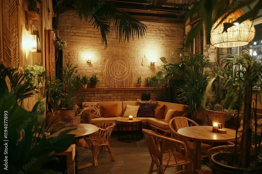 Fototapeta premium Bohemian Cafe Interior Design with Lush Plants