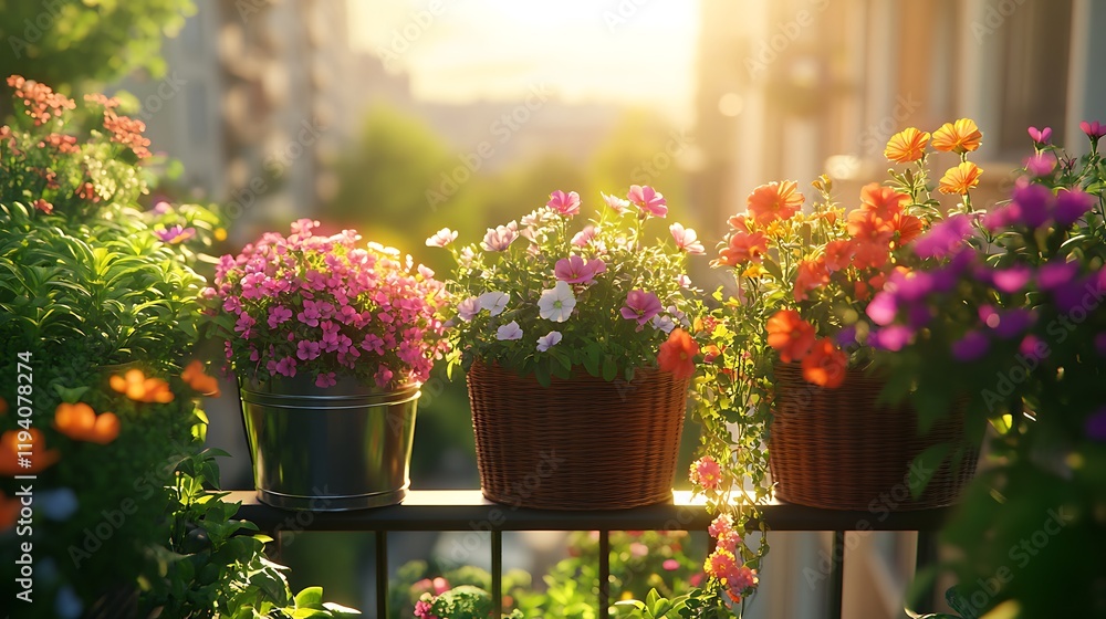 A vibrant balcony garden with an array of wildflowers blooming in unique containers, including wicker baskets and metal buckets, surrounded by cascading greenery, A vibrant balcony garden with an array of wildflowers blooming in unique containers, including wicker baskets and metal buckets, surrounded by cascading greenery,