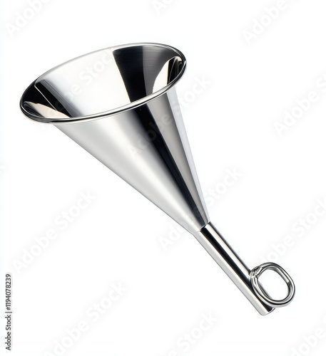 Stainless steel funnel with handle, isolated on white background. (1) photo