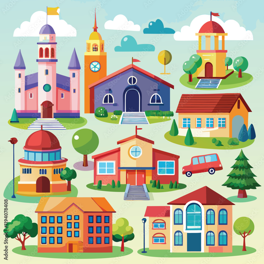 Isolated and colored building school churches set with different types and purposes for buildings Isolated and colored building school churches set with different types and purposes for buildings