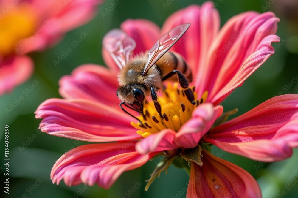 A close up image of a honeybee perched on a brightly colored flower petal. Great for ecological content and pollination related blogs. A close up image of a honeybee perched on a brightly colored flower petal. Great for ecological content and pollination related blogs.