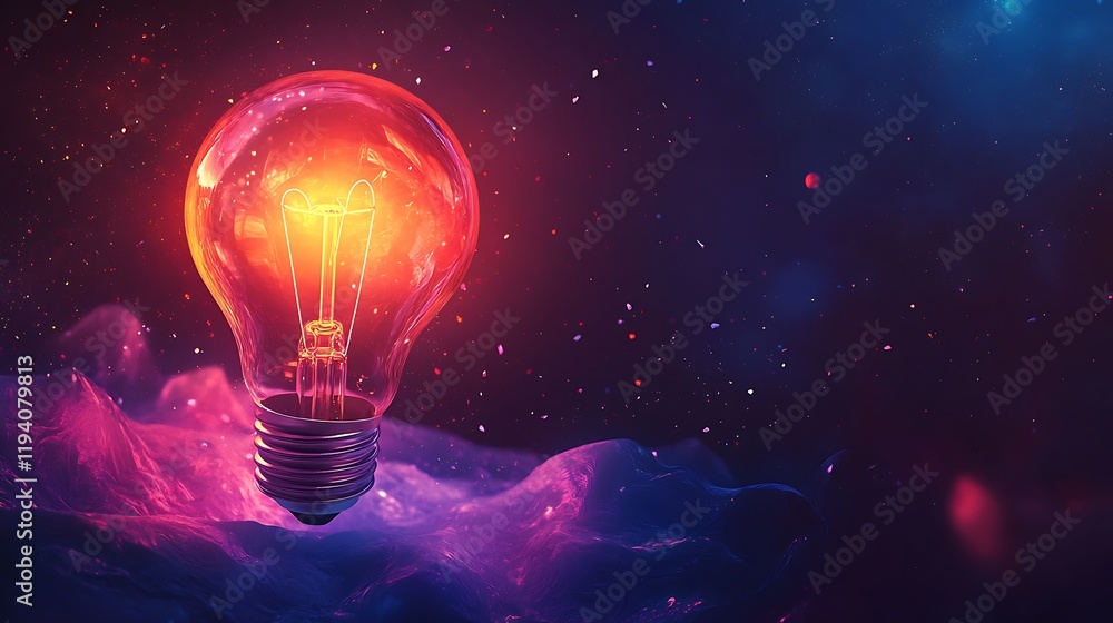 Illuminating light bulb in cosmic space digital art vibrant colors Illuminating light bulb in cosmic space digital art vibrant colors