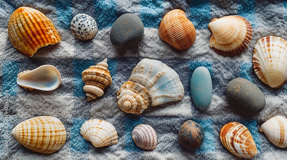A Collection of Colorful Seashells and Smooth Rocks Neatly Arranged on a Beach Towel for a Coastal Vibe A Collection of Colorful Seashells and Smooth Rocks Neatly Arranged on a Beach Towel for a Coastal Vibe