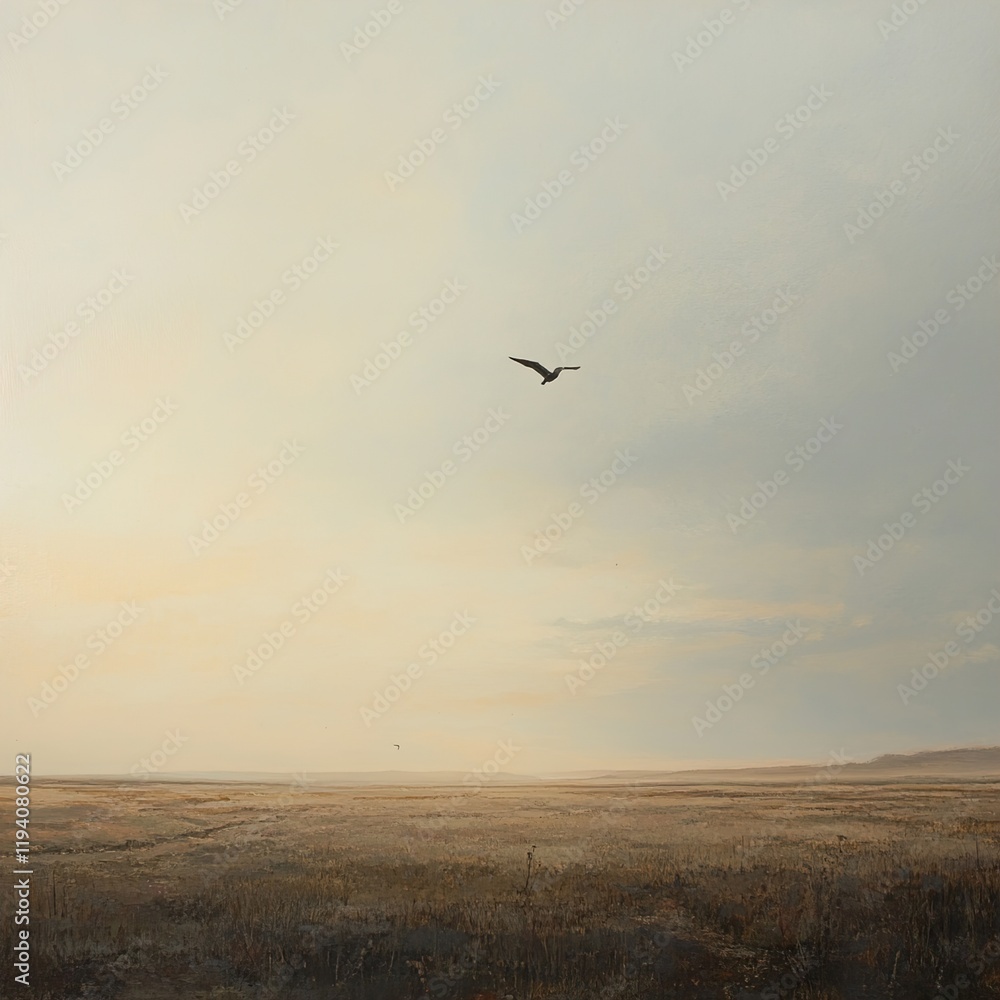 Serene Landscape: Bird in Flight over Golden Field Serene Landscape: Bird in Flight over Golden Field