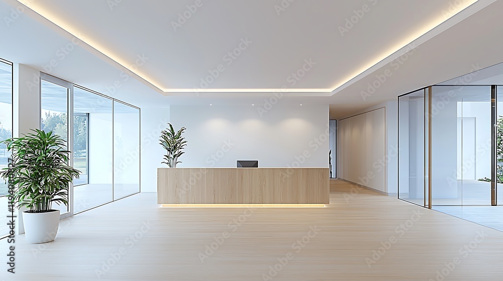 Obraz premium Modern office reception area corporate building interior design bright ambiance wide angle view